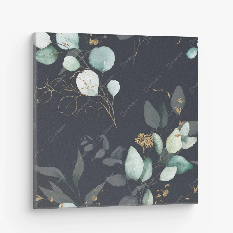 Leinwandbild eukalyptus aquarellblätter auf dunklem hintergrund
