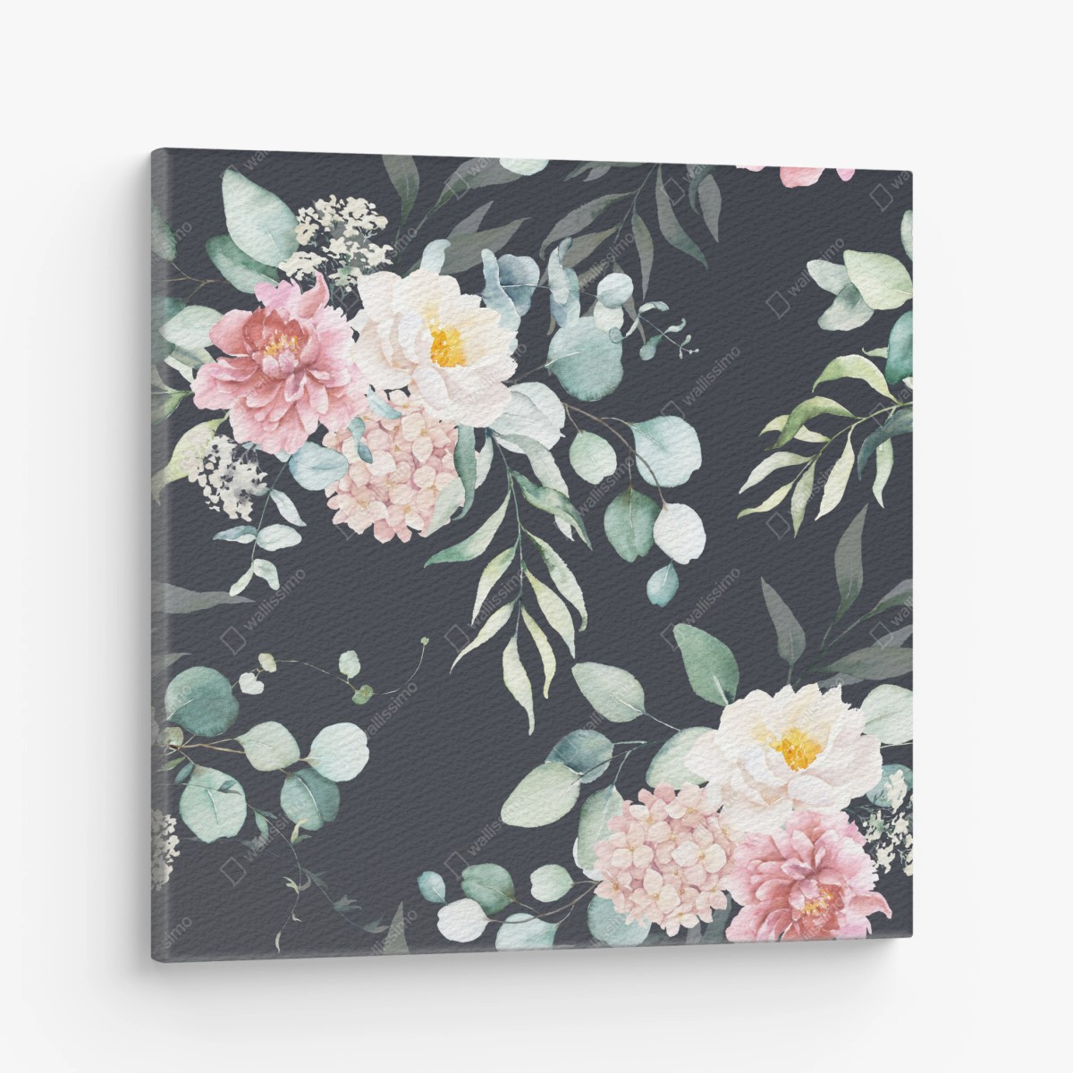 Leinwandbild elegantes aquarell-blumenmuster auf dunklem hintergrund – Wallnifity®