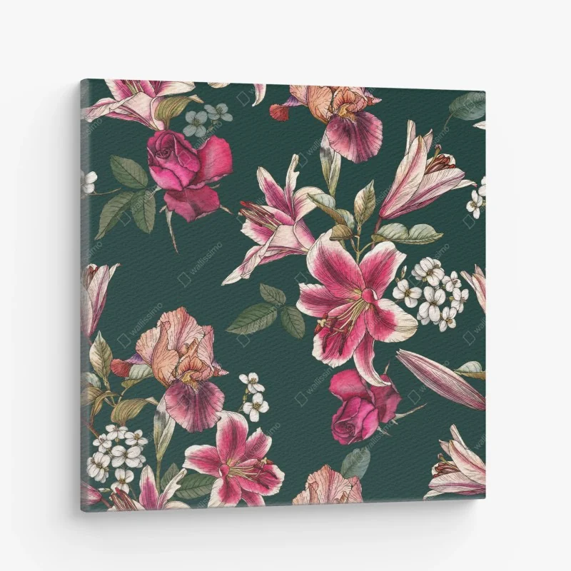 Leinwandbild vintage botanisches floralmuster auf tiefgrün