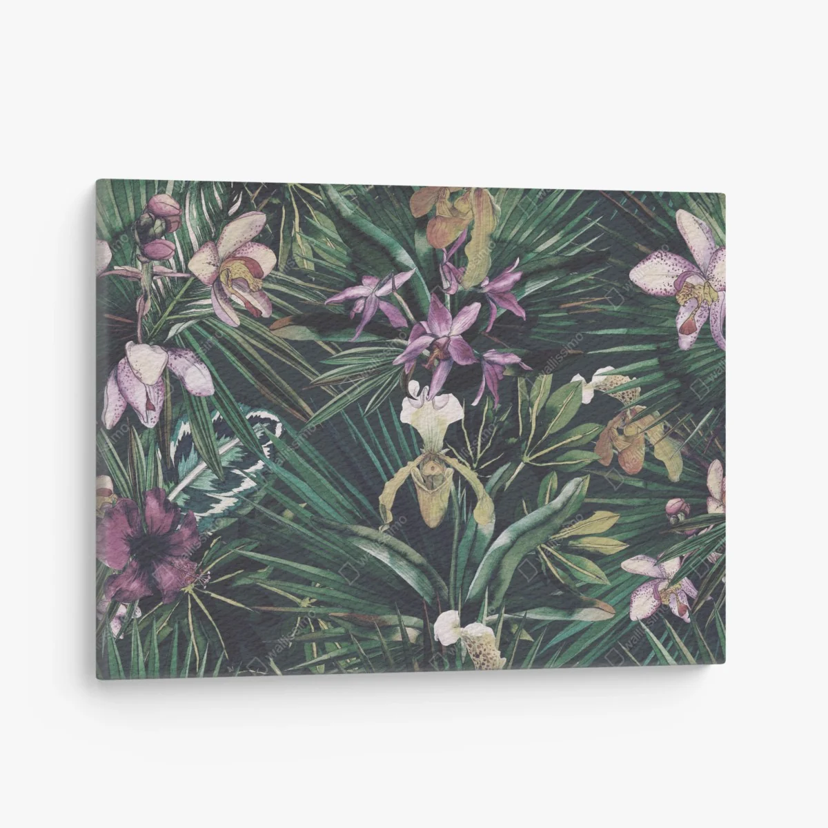 Leinwandbild tropische orchideen in aquarell und palmblättern – Wallnifity® Leinwandbild tropische orchideen in aquarell und palmblättern – Wallnifity®