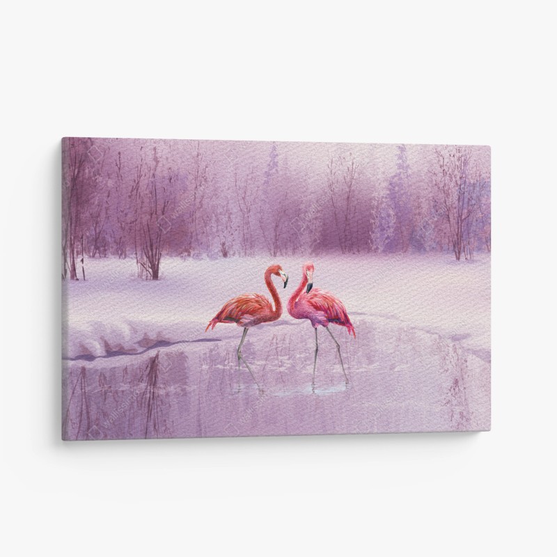 Leinwandbild pastell flamingos über winterlichem see