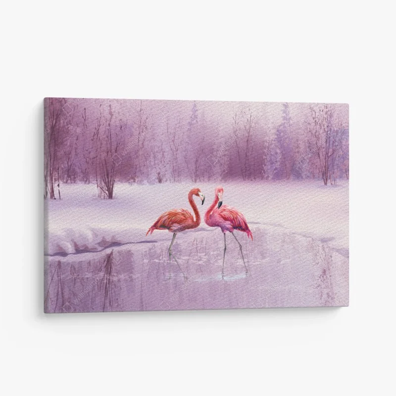 Leinwandbild pastell flamingos über winterlichem see
