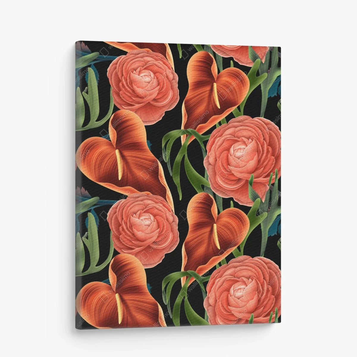 Leinwandbild lebhaftes korallenblumenmuster auf schwarzem hintergrund – Wallnifity®