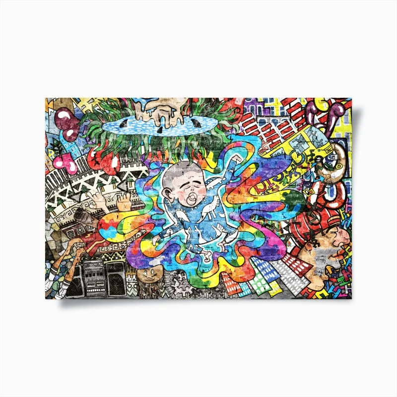 Poster buntes graffiti-mural mit träumendem kind