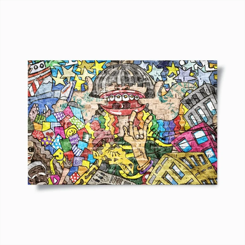Poster buntes graffiti-mural mit verspielter figur