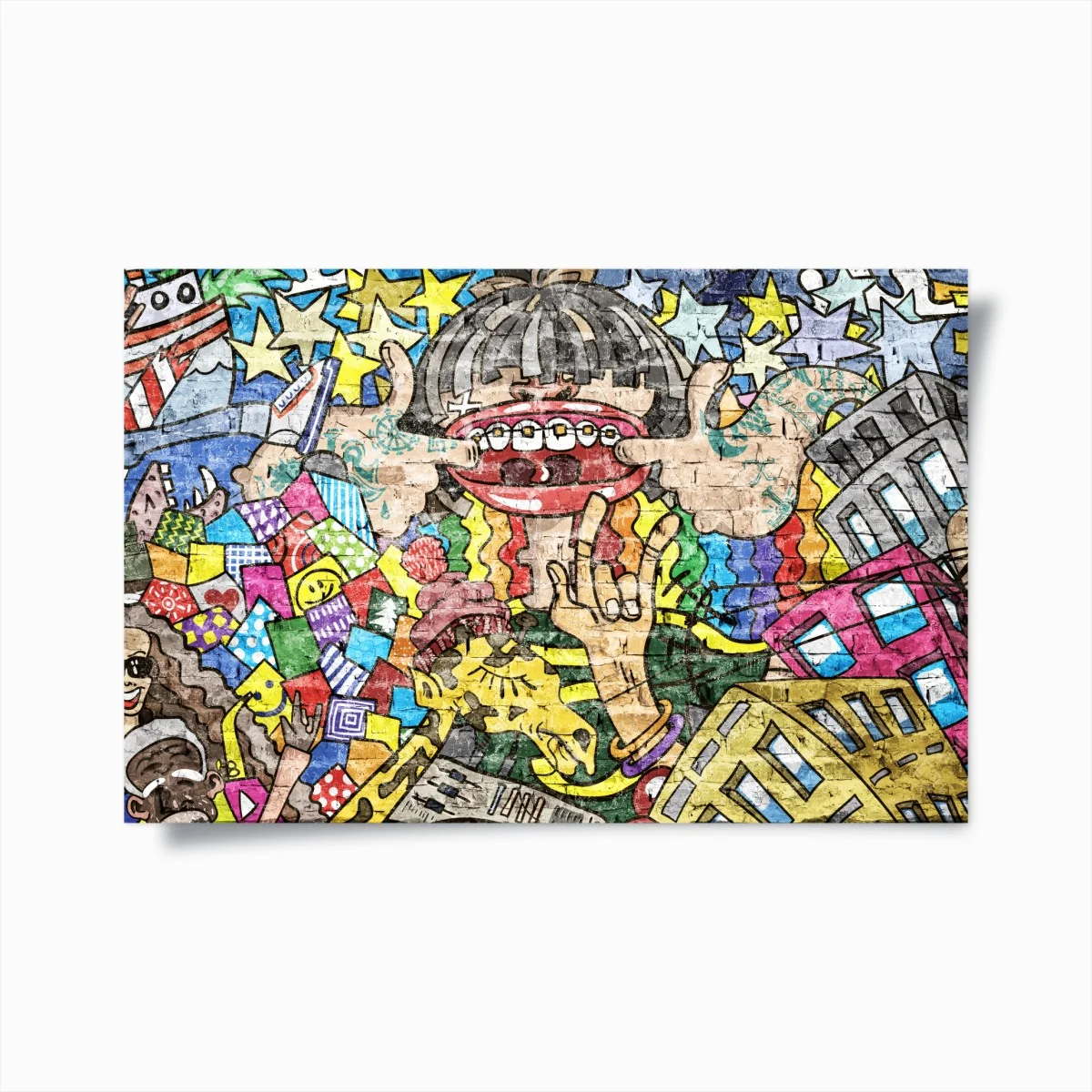 Poster buntes graffiti-mural mit verspielter figur – Wallnifity®