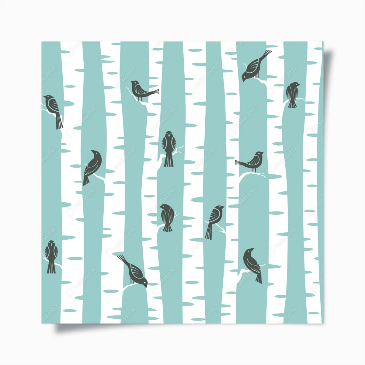 Poster türkis birkenwald mit vögeln – Wallnifity®