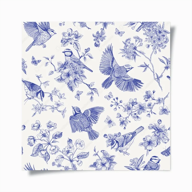 Poster blaues muster mit vögeln und blüten im vintage-stil