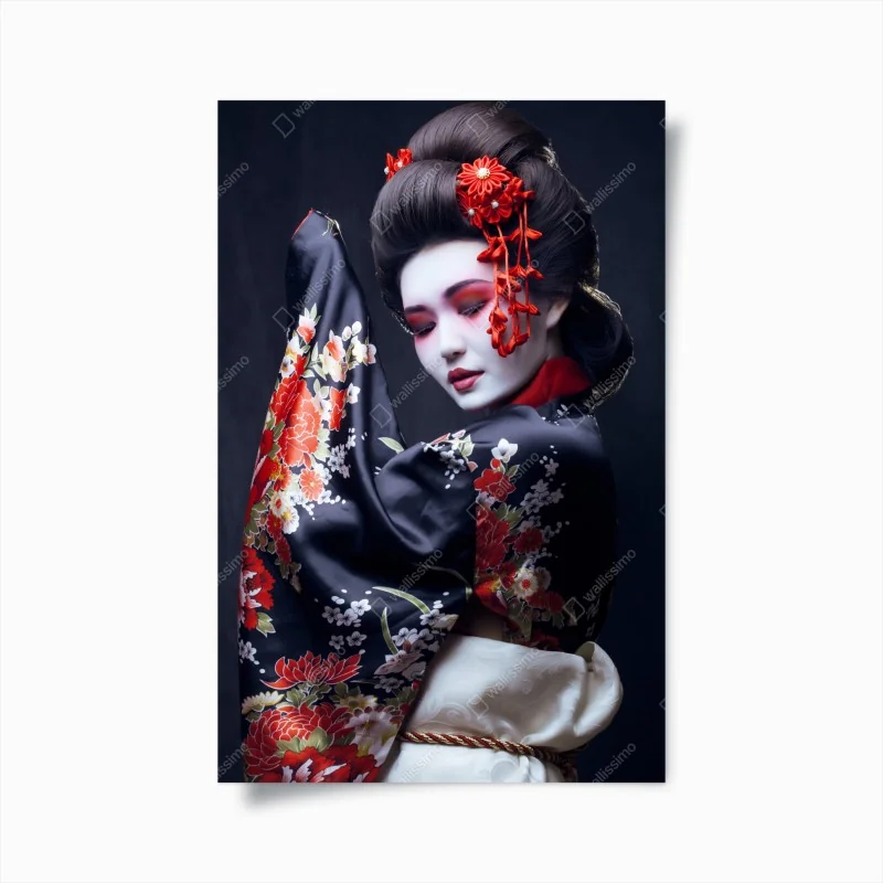 Poster elegantes geisha-porträt in rotem und schwarzem kimono