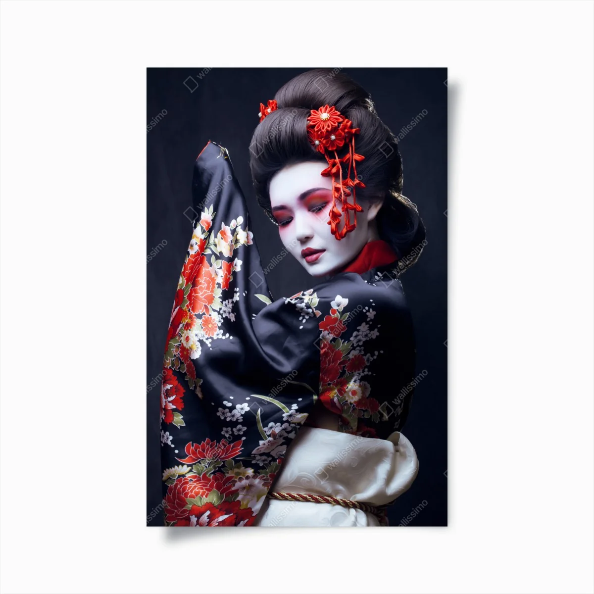 Poster elegantes geisha-porträt in rotem und schwarzem kimono – Wallnifity® Poster elegantes geisha-porträt in rotem und schwarzem kimono – Wallnifity®