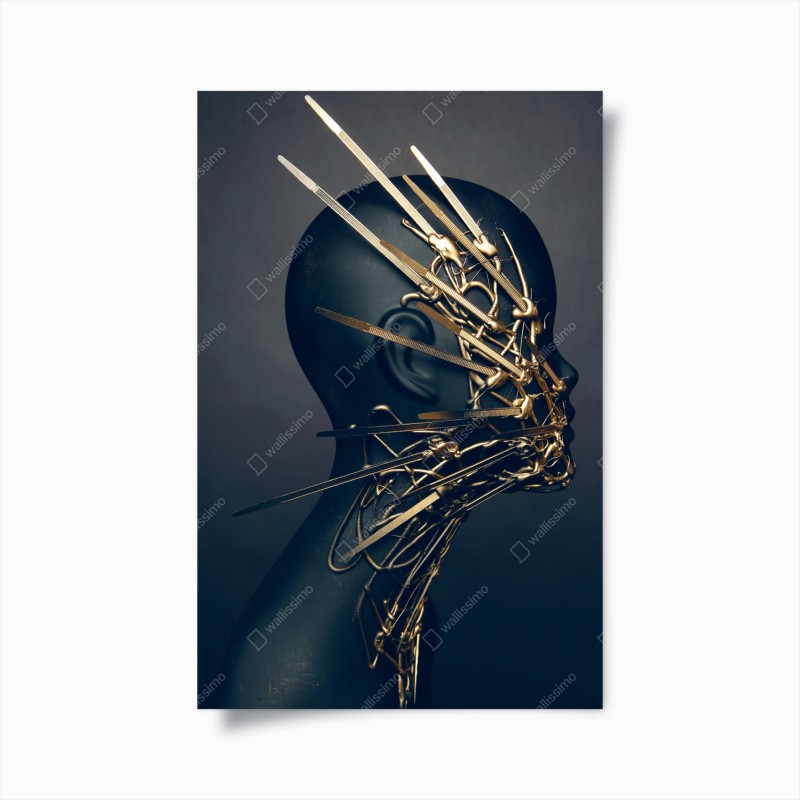 Poster goldene drahtskulptur auf schwarzer büste