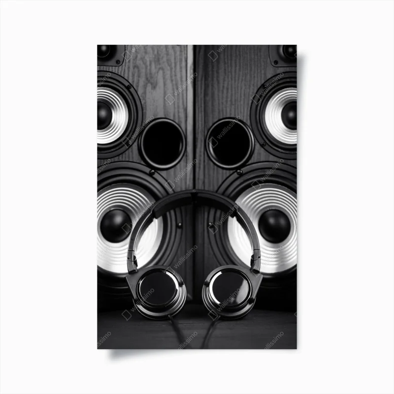 Poster monochromes audio-ensemble mit kopfhörern und lautsprechern