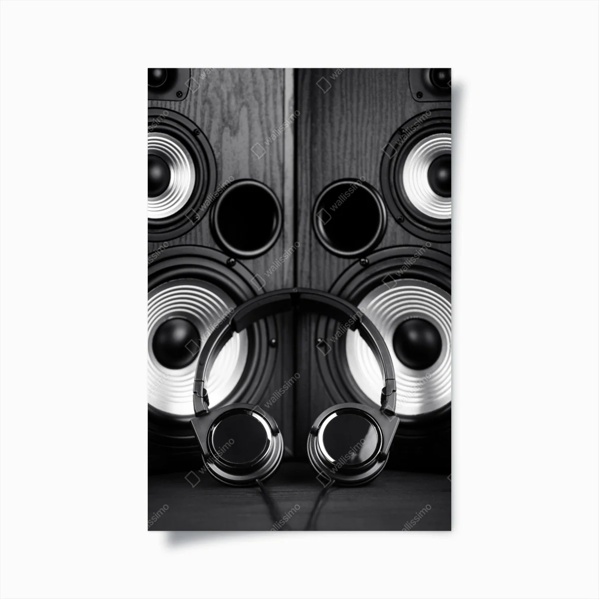 Poster monochromes audio-ensemble mit kopfhörern und lautsprechern – Wallnifity®