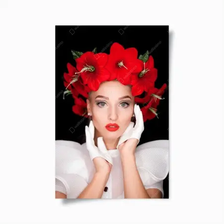 Poster elegantes porträt mit rotem blumenkranz – Wallnifity®
