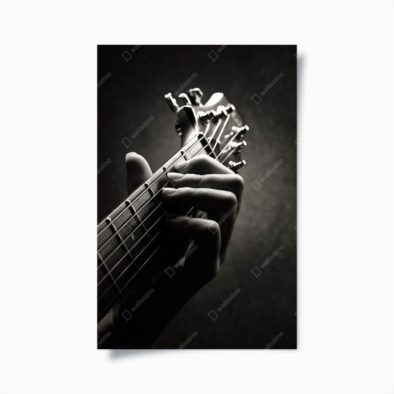 Poster nahaufnahme der hand auf dem griffbrett