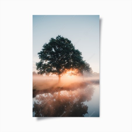 Poster nebeliger sonnenaufgang am eichenbaum – Wallnifity®