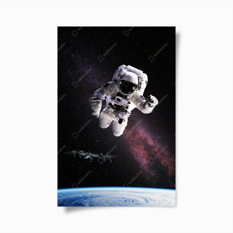 Poster astronaut über der Erde und galaxie