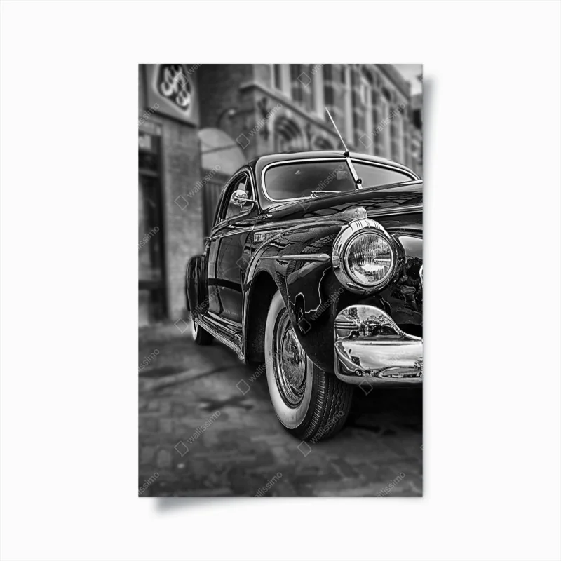 Poster vintage klassisches auto auf kopfsteinpflaster