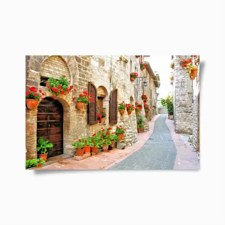 Poster sonnige steingasse mit roten geranien – Wallnifity®