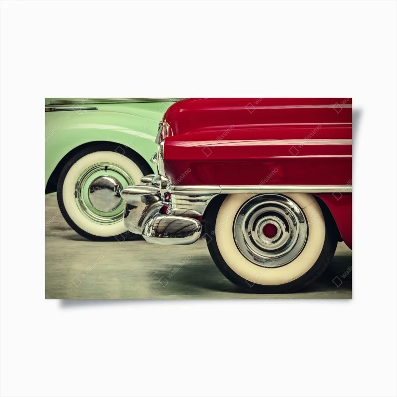 Poster nahaufnahme klassischer autos in rot und mint