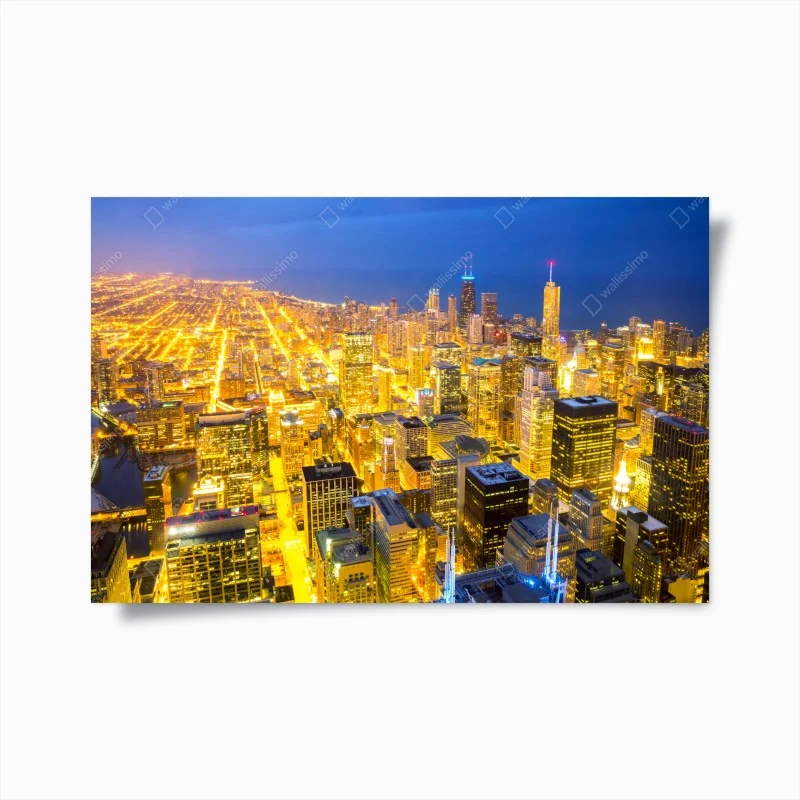 Poster luftaufnahme der nächtlichen skyline von Chicago