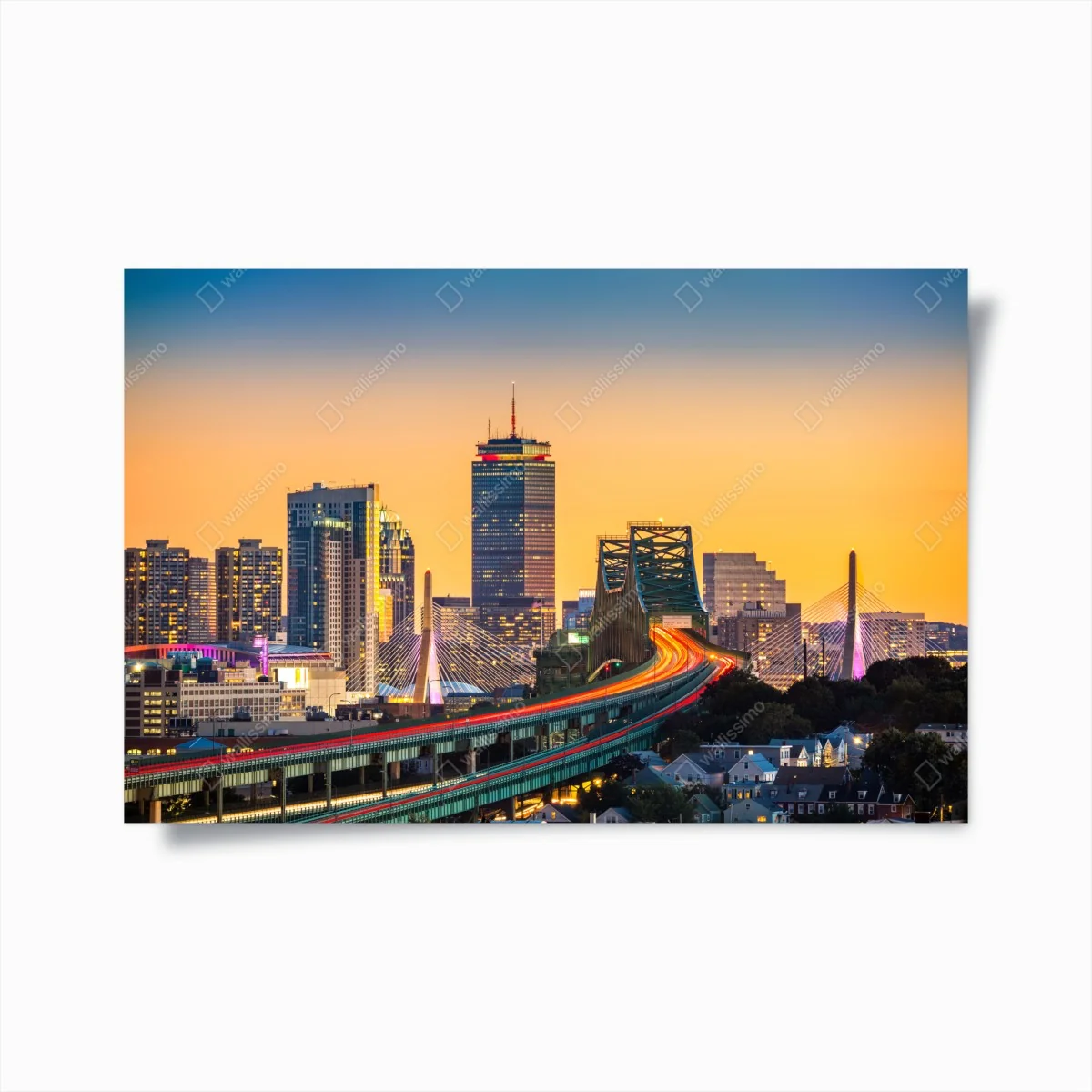 Poster panorama von Boston bei sonnenuntergang mit Zakim und Tobin brücken – Wallnifity® Poster panorama von Boston bei sonnenuntergang mit Zakim und Tobin brücken – Wallnifity®