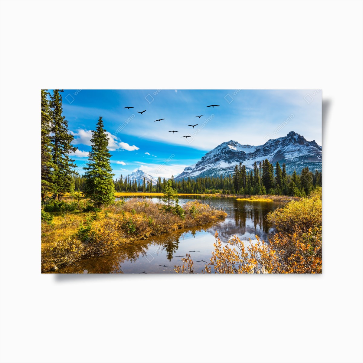 Poster herbstlicher bergsee mit vögeln – Wallnifity®