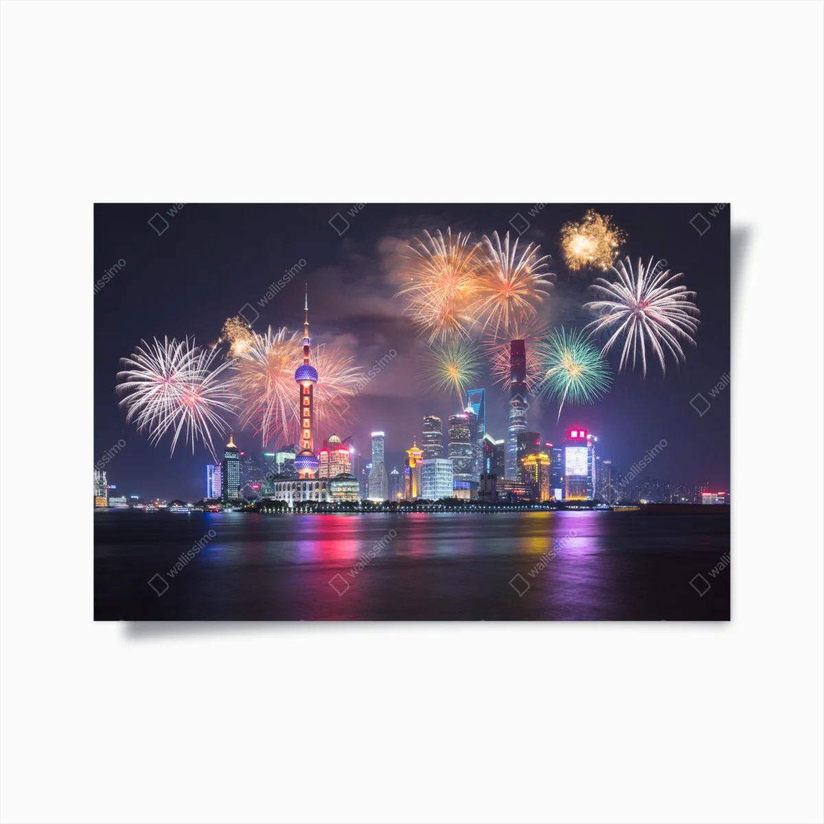 Poster Shanghai skyline mit feuerwerk über dem Huangpu – Wallnifity® Poster Shanghai skyline mit feuerwerk über dem Huangpu – Wallnifity®