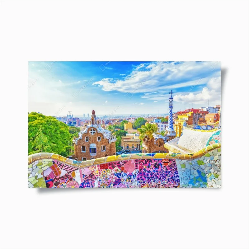 Poster lebendiges Barcelona Park Güell mosaik panorama