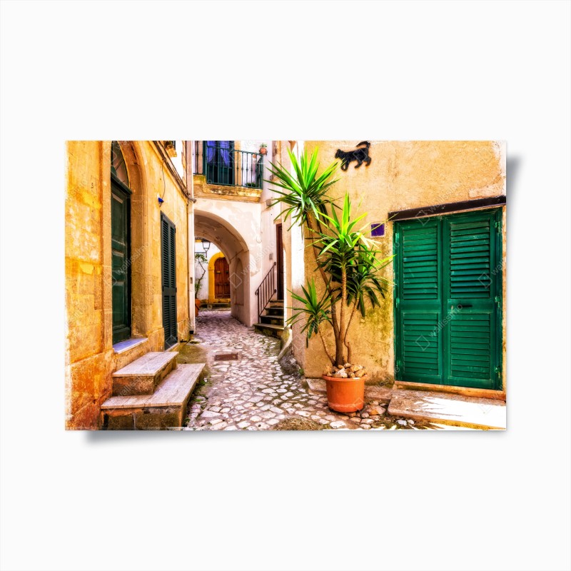 Poster sonnige mediterrane gasse mit grünen jalousien