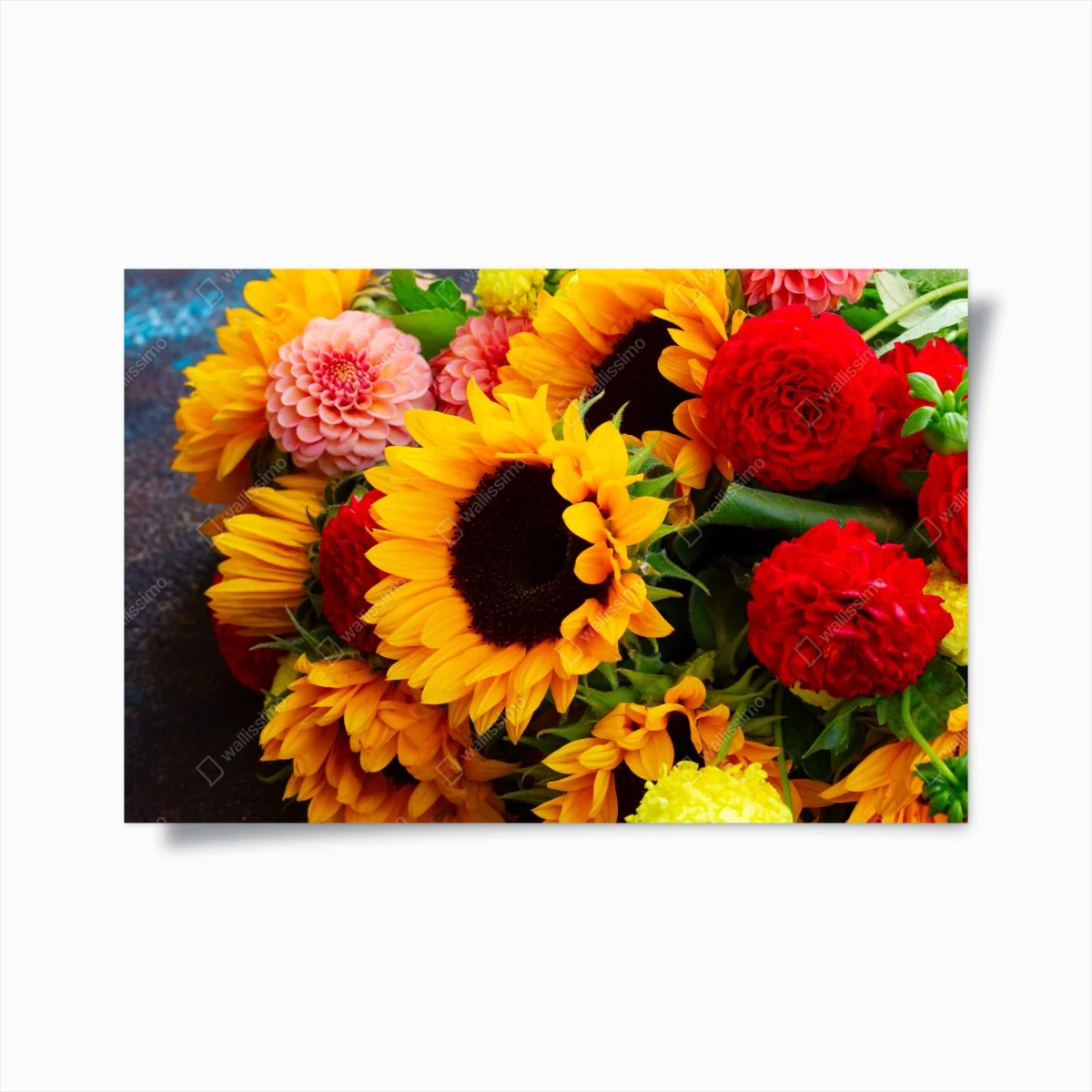 Poster nahaufnahme sonnenblumen- und dahlienstrauß – Wallnifity®