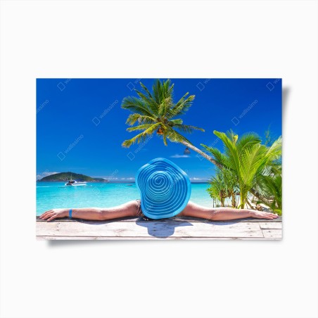 Poster tropischer strand mit blauem sonnenhut – Wallnifity®