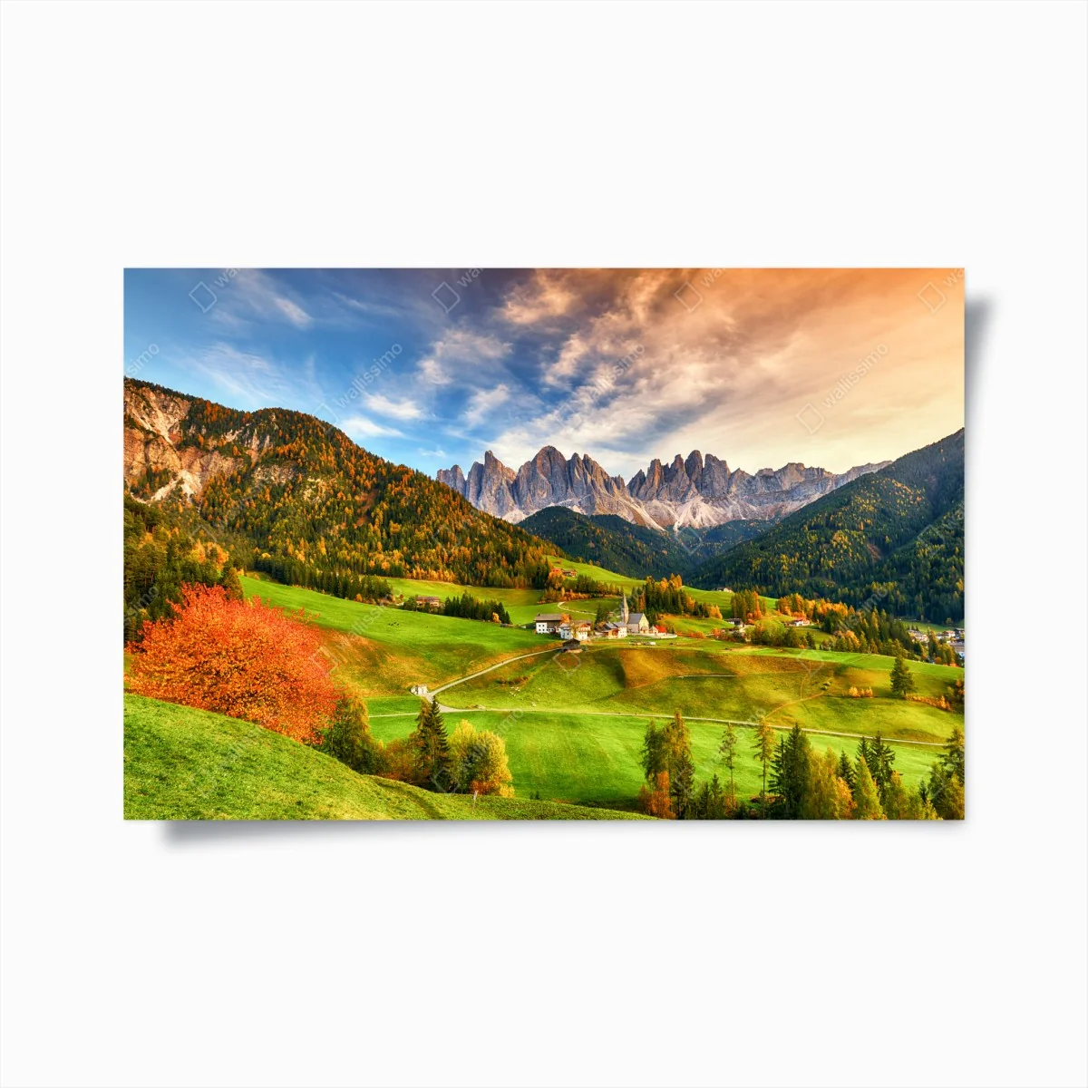 Poster herbstlicher sonnenuntergang über Santa Maddalena, Dolomiten – Wallnifity®