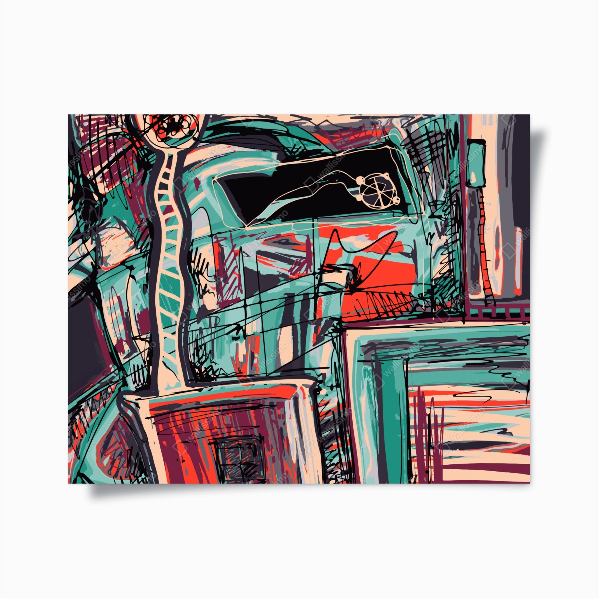 Poster türkis-korall abstrakte komposition – Wallnifity®