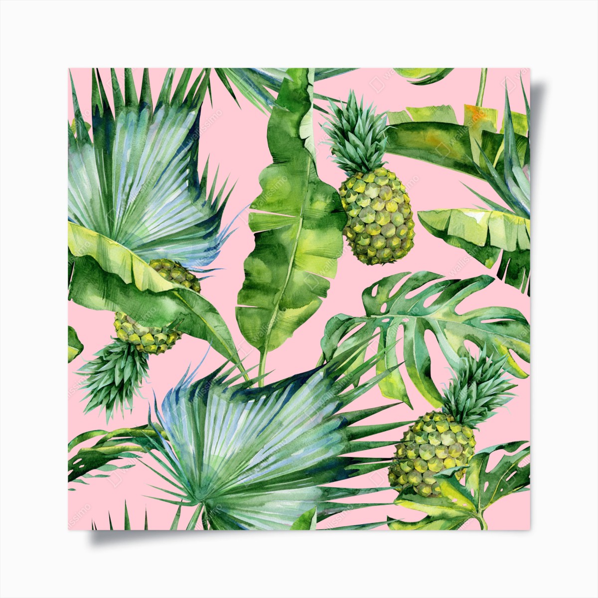 Poster tropisches ananas- und blattmuster in aquarell auf rosa hintergrund – Wallnifity®