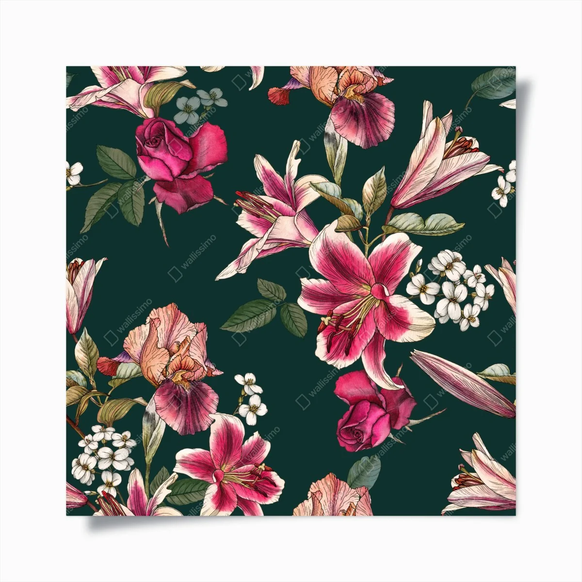 Poster vintage botanisches floralmuster auf tiefgrün – Wallnifity®