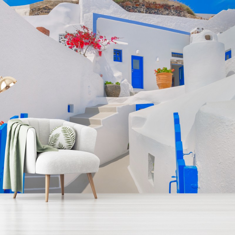 Fototapete Santorini weiße häuser mit blauen akzenten