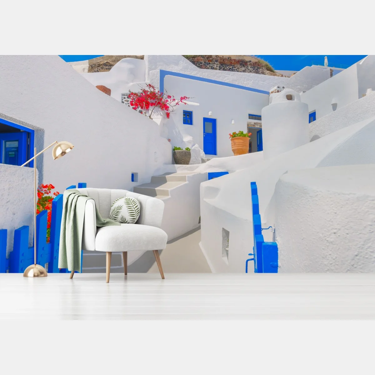 Fototapete Santorini weiße häuser mit blauen akzenten – Wallnifity® Fototapete Santorini weiße häuser mit blauen akzenten – Wallnifity®