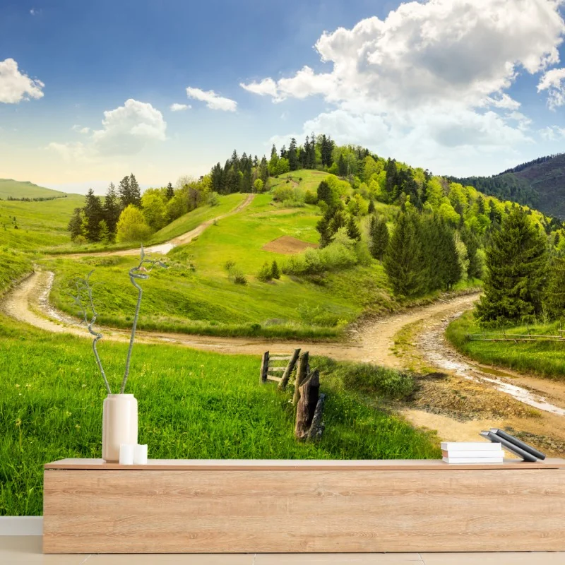 Fototapete gewundener feldweg durch grüne hügel – Wallnifity® Fototapete gewundener feldweg durch grüne hügel – Wallnifity®