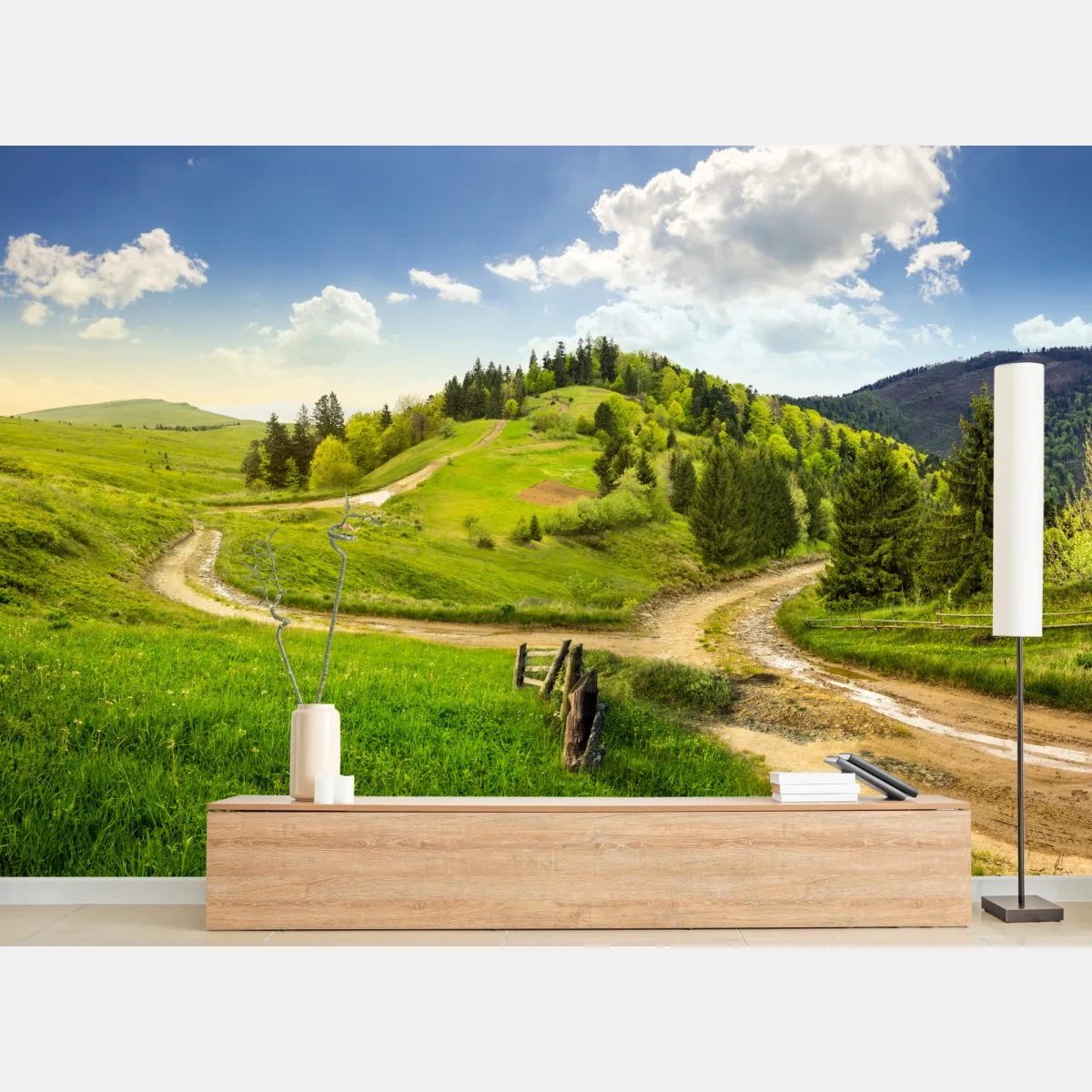 Fototapete gewundener feldweg durch grüne hügel – Wallnifity® Fototapete gewundener feldweg durch grüne hügel – Wallnifity®