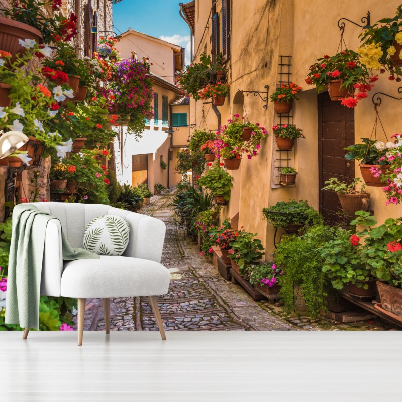 Fototapete sonnige blumengasse in Umbrien