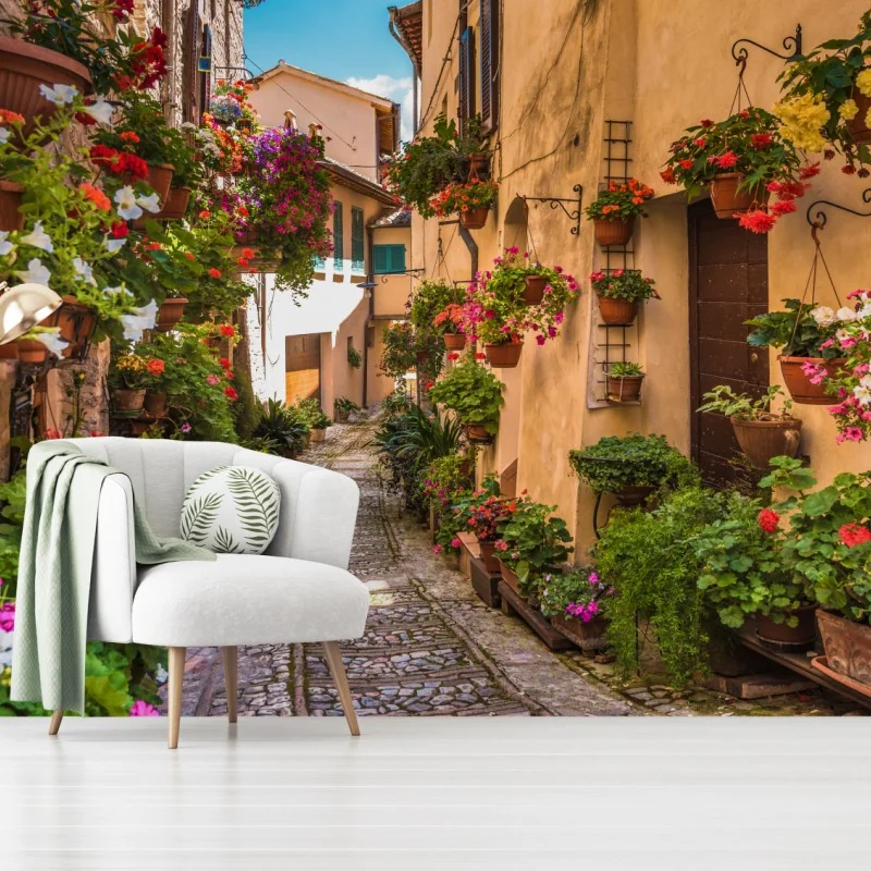 Fototapete sonnige blumengasse in Umbrien