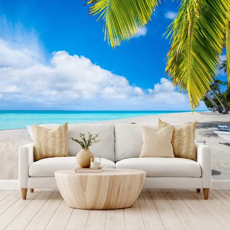 Fototapete tropischer strand in türkis mit palmen und booten – Wallnifity® Fototapete tropischer strand in türkis mit palmen und booten – Wallnifity®
