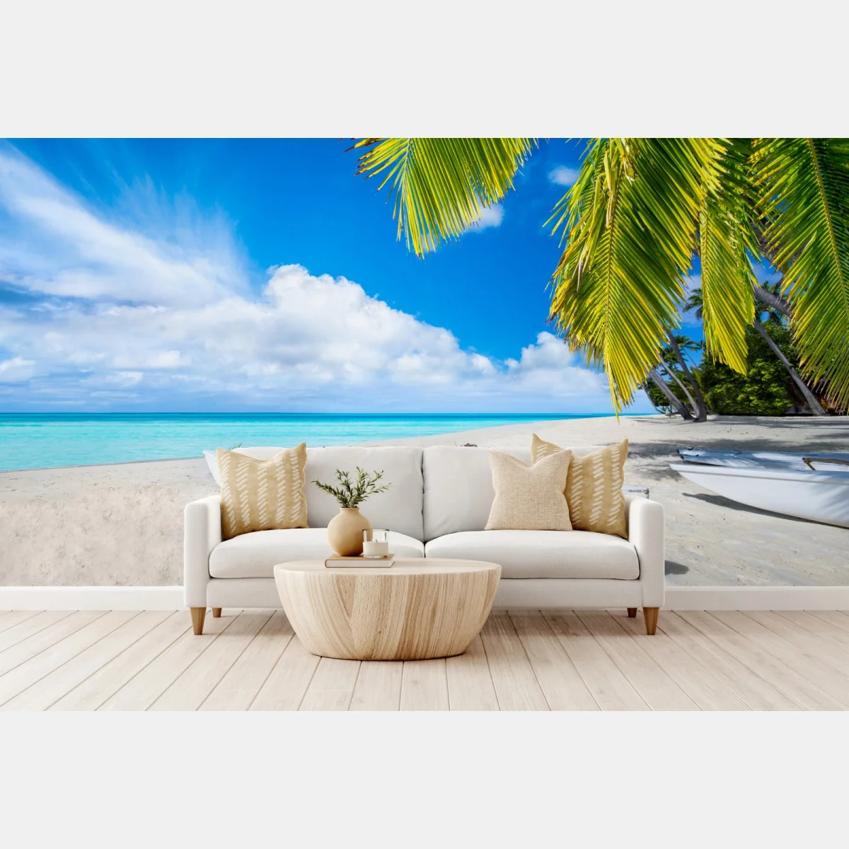 Fototapete tropischer strand in türkis mit palmen und booten – Wallnifity® Fototapete tropischer strand in türkis mit palmen und booten – Wallnifity®