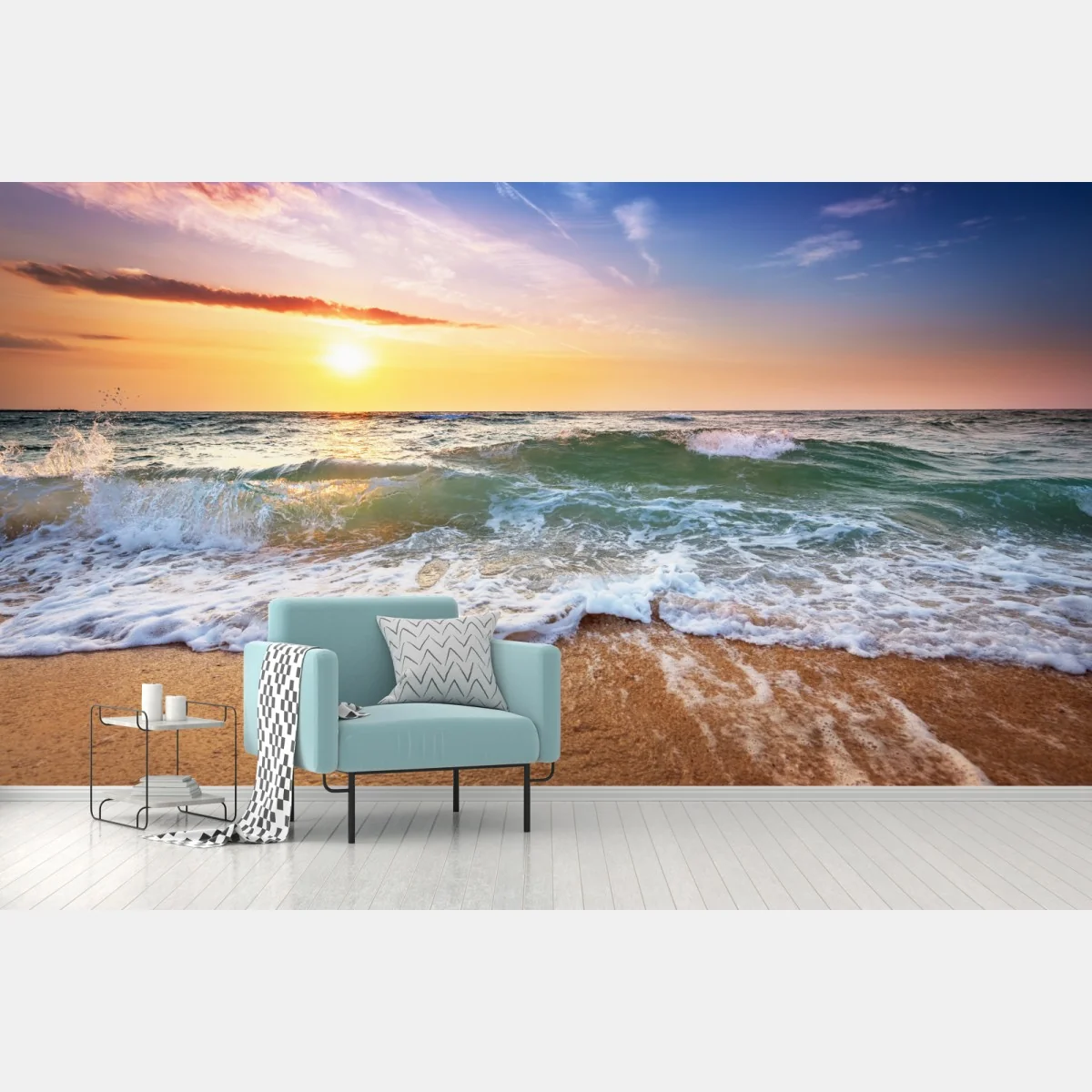 Fototapete goldener sonnenuntergang am strand mit sanften wellen – Wallnifity® Fototapete goldener sonnenuntergang am strand mit sanften wellen – Wallnifity®