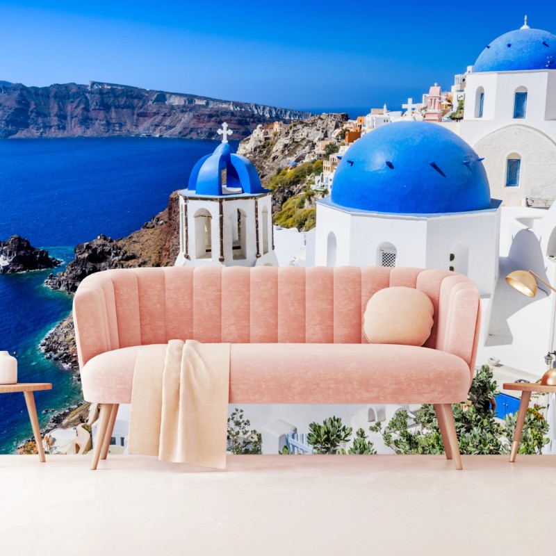 Fototapete Santorini blaue kuppeln über der kaldera