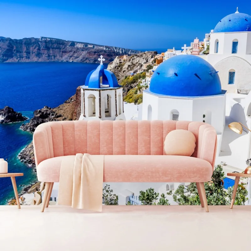Fototapete Santorini blaue kuppeln über der kaldera