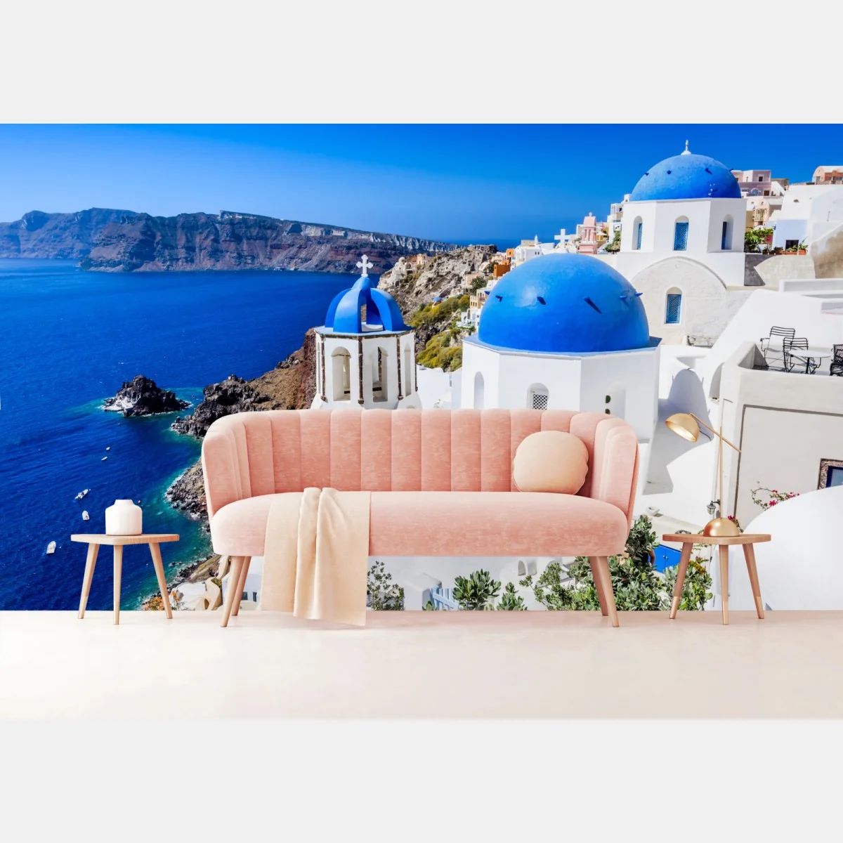 Fototapete Santorini blaue kuppeln über der kaldera – Wallnifity® Fototapete Santorini blaue kuppeln über der kaldera – Wallnifity®