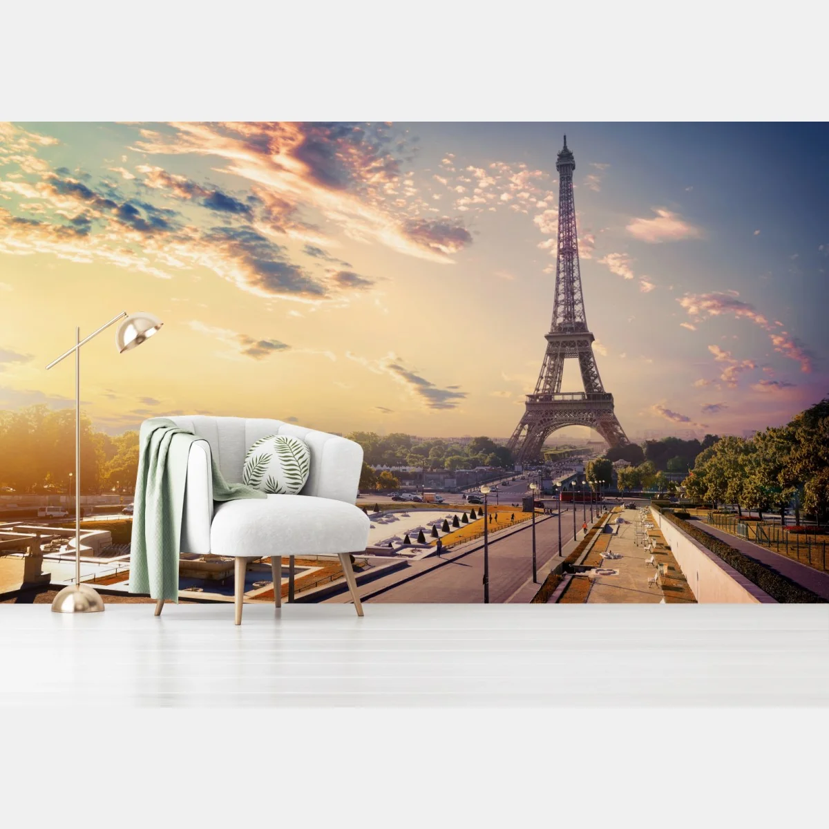 Fototapete sonnenbeschienener blick auf den Eiffelturm bei dämmerung – Wallnifity® Fototapete sonnenbeschienener blick auf den Eiffelturm bei dämmerung – Wallnifity®