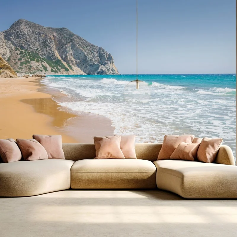 Fototapete sonniger türkisfarbener strand mit klippen – Wallnifity® Fototapete sonniger türkisfarbener strand mit klippen – Wallnifity®